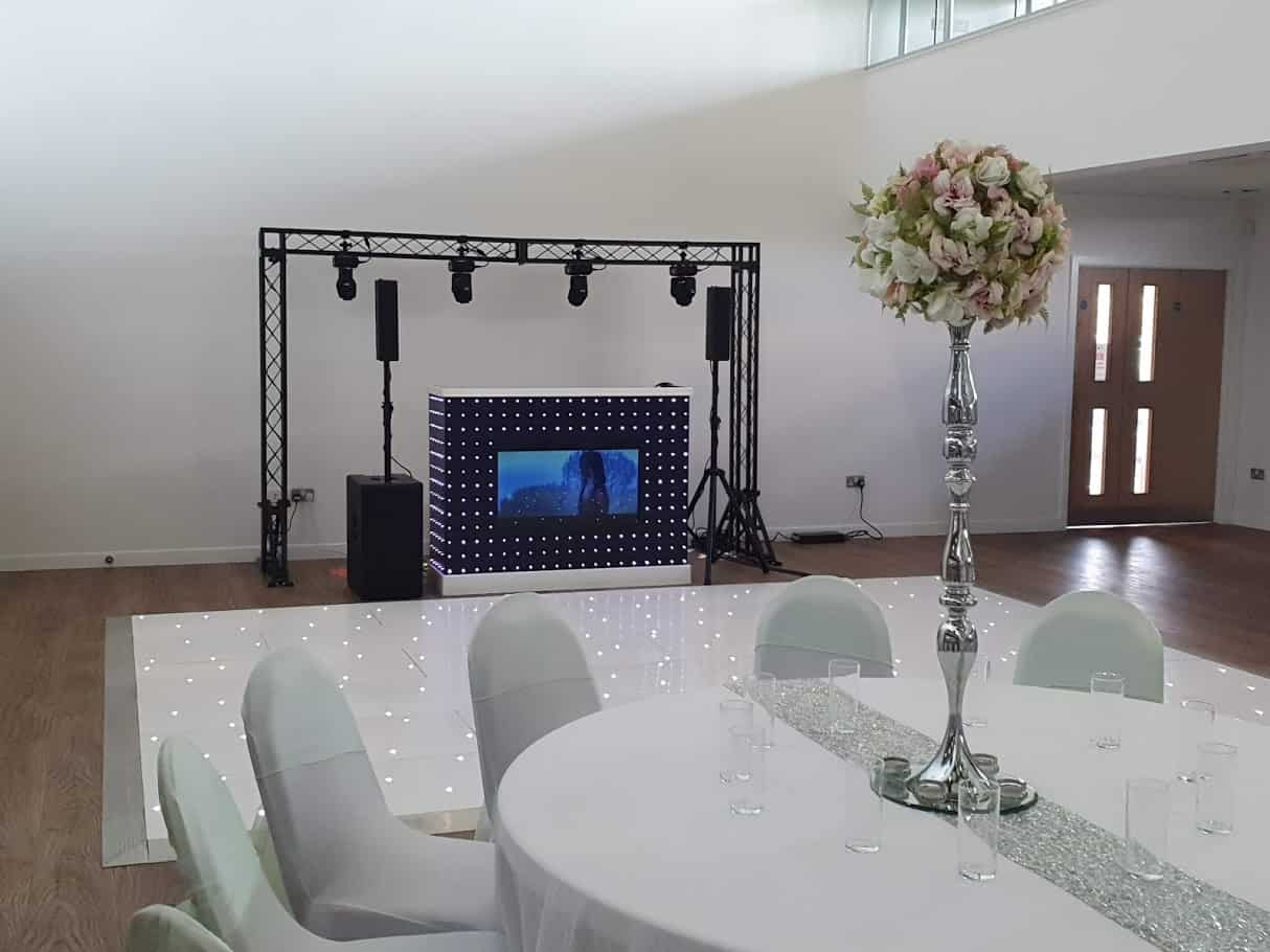 DJ Scott Dewing Wedding setup including starlit dancefloor and video DJ Booth LED Dancefloor